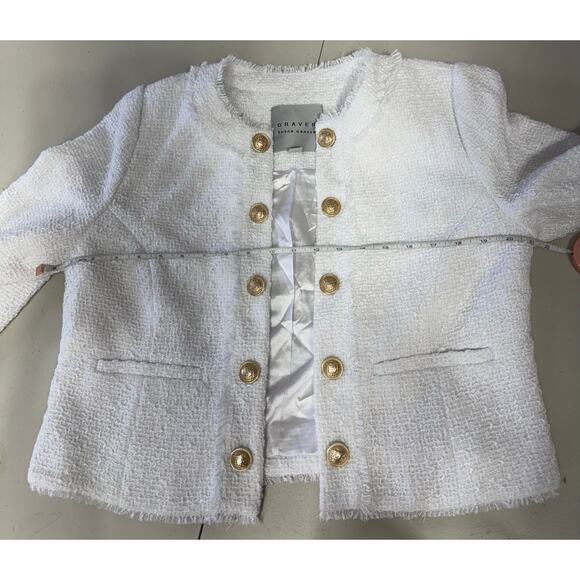 QVC Susan Graver Cropped Tweed Blazer w/ Fringe Detail White NWOT Size 8 - Picture 7 of 9